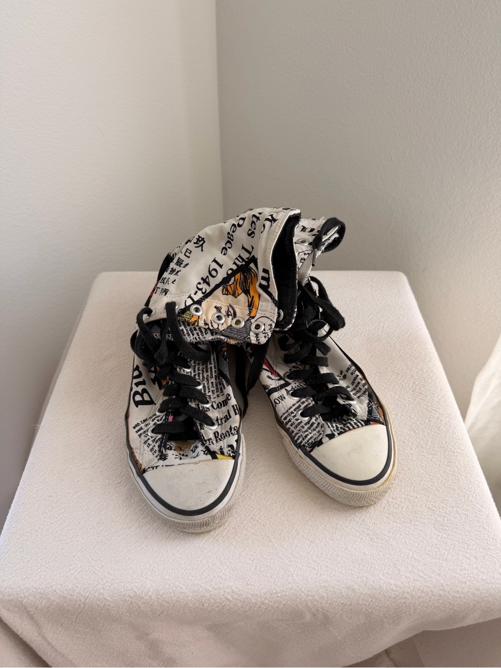 Zara Women High-Top Sneakers in Black, White and Yellow Newspaper Graphic